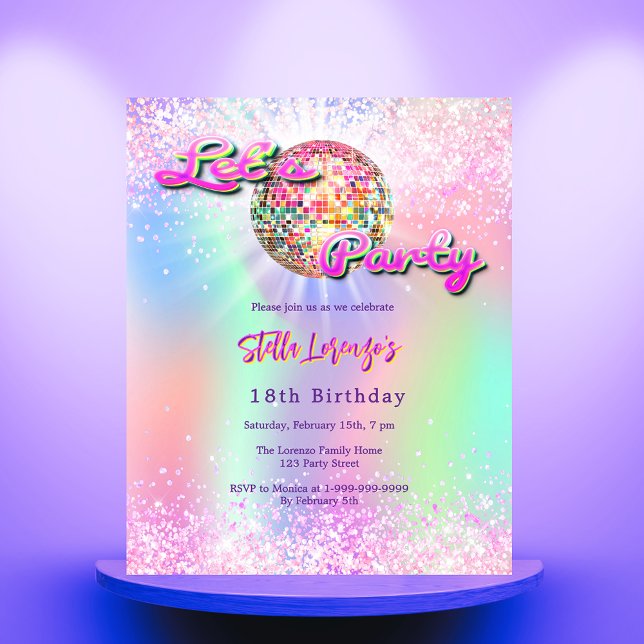 Invitation d'anniversaire Disco party rose hologra (Créateur téléchargé)