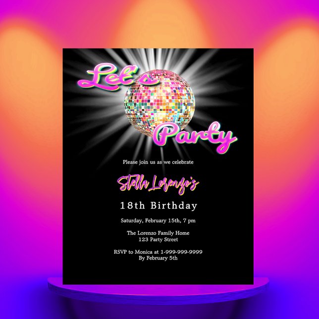 Invitation d'anniversaire Disco party rose noir (Créateur téléchargé)