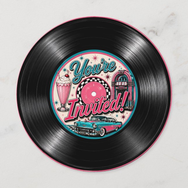 Invitation d'anniversaire disque vinyle rétro anné (Devant)