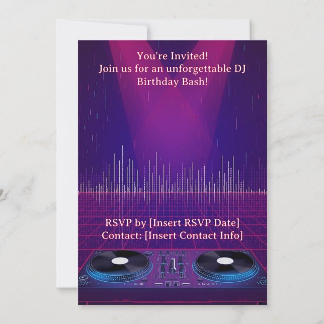 Invitation d'anniversaire DJ personnalisable  (Devant)