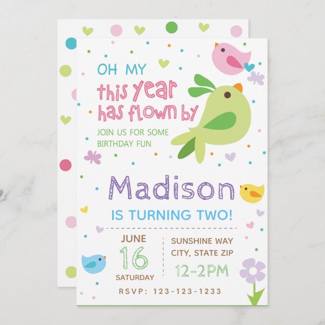 Invitation d'anniversaire d'oiseaux (Devant / Derrière)