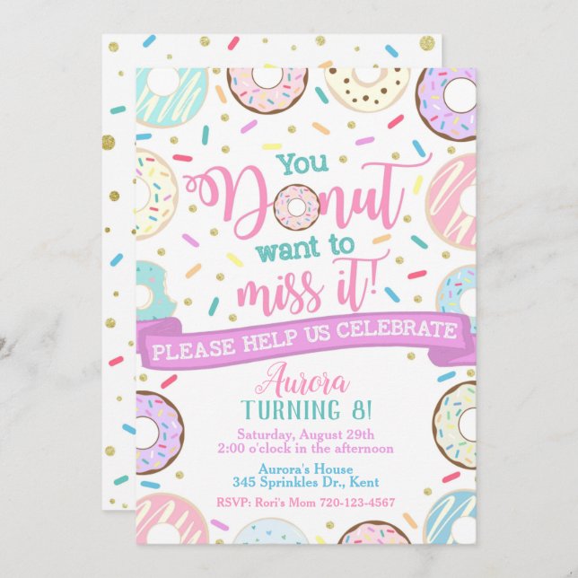 Invitation d'anniversaire Donut Party (Devant / Derrière)