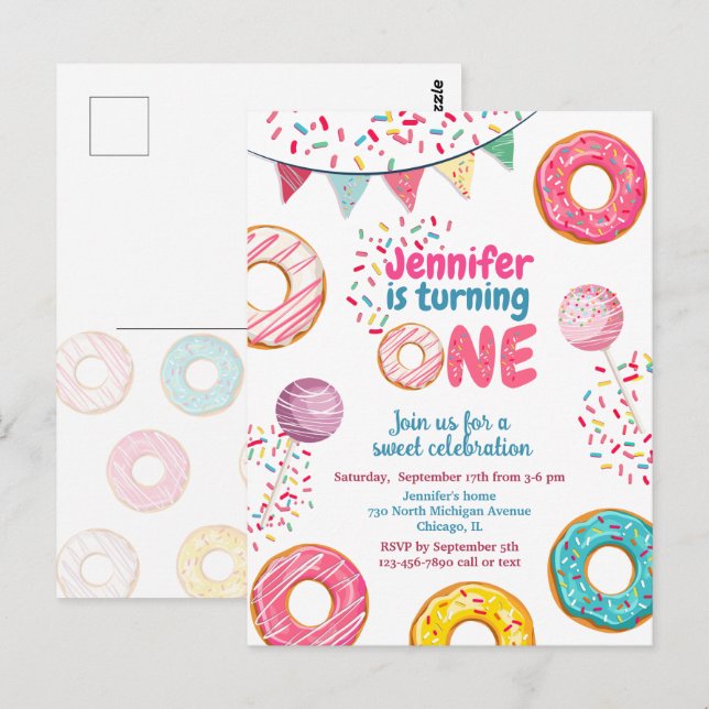 Invitation d'anniversaire Donut Sucré 1 UN (Devant / Derrière)