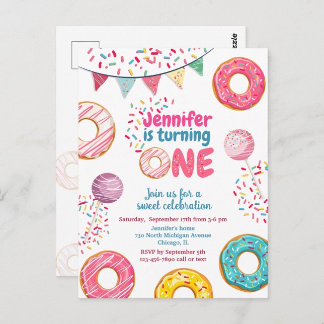 Invitation d'anniversaire Donut Sweet 1 UN (Devant / Derrière)