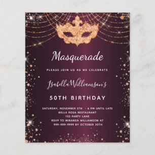 Invitation d'anniversaire d'or rose bordeaux masca