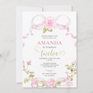 Invitation d'anniversaire douce 12 ans Roses Ruban