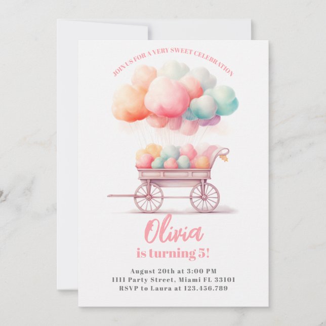 Invitation d'anniversaire douceurs de barbe à papa (Devant)