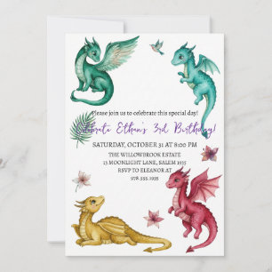 Invitation d'anniversaire dragon aquarelle