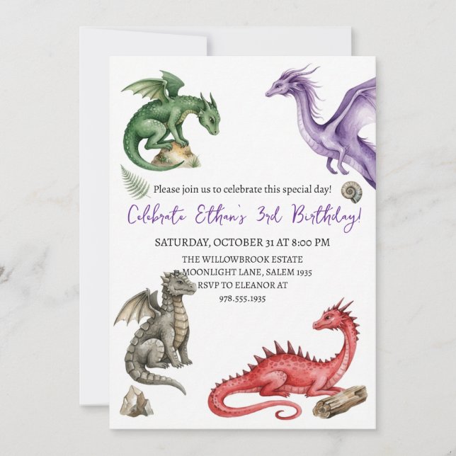 Invitation d'anniversaire dragon aquarelle (Devant)