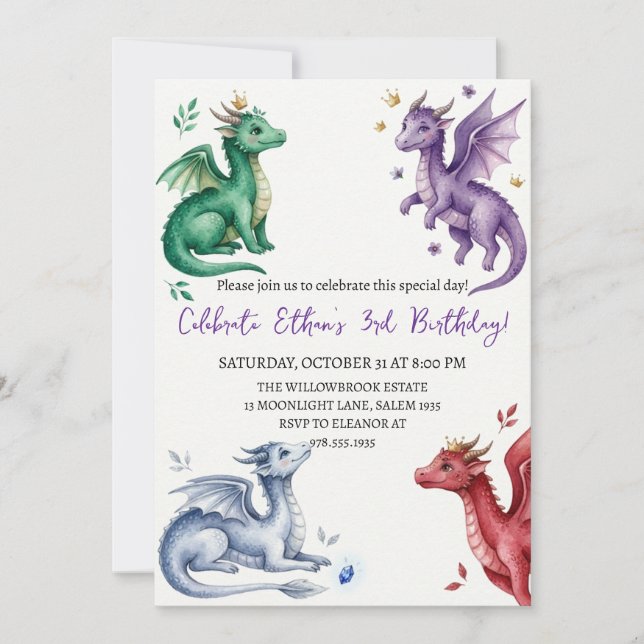 Invitation d'anniversaire dragon aquarelle (Devant)