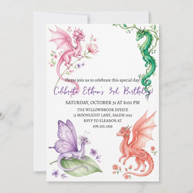 Invitation d'anniversaire dragon aquarelle (Devant)