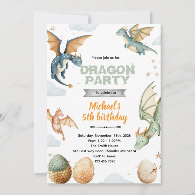 Invitation d'anniversaire dragon et oeufs (Devant)