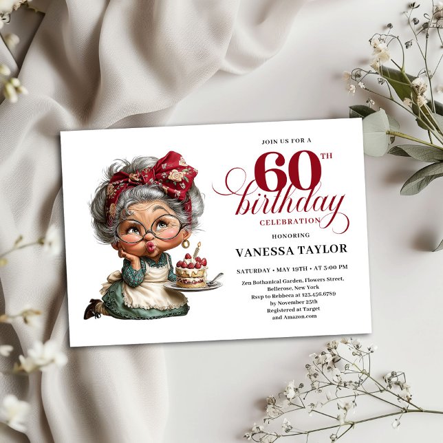 Invitation d'anniversaire drôle pour 60 ans Vieill (Funny 60th Birthday Invitation Quirky Old Lady Party)