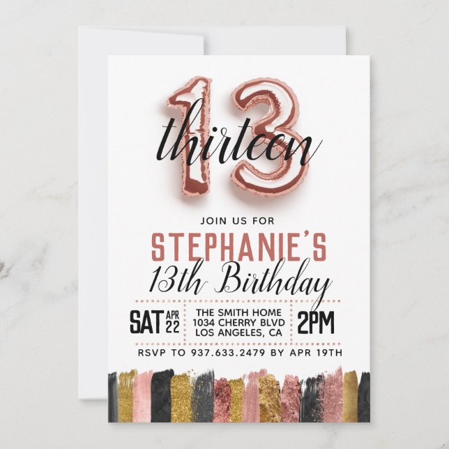 Invitation d'anniversaire du 13e Rose (Devant)