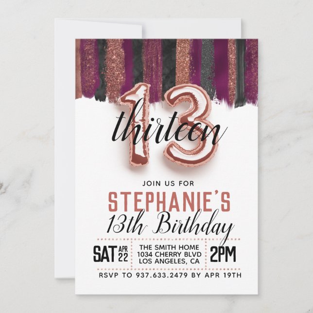 Invitation d'anniversaire du 13e Rose (Devant)