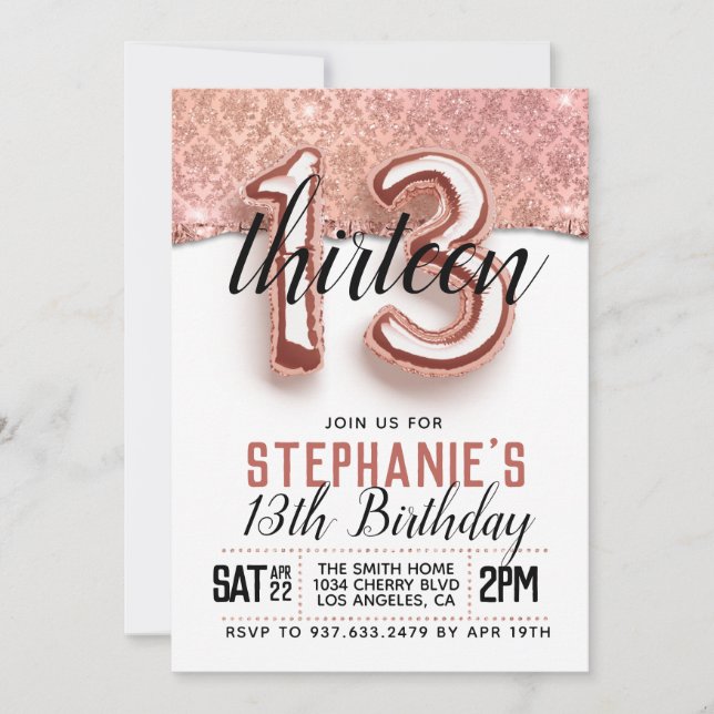Invitation d'anniversaire du 13e Rose (Devant)