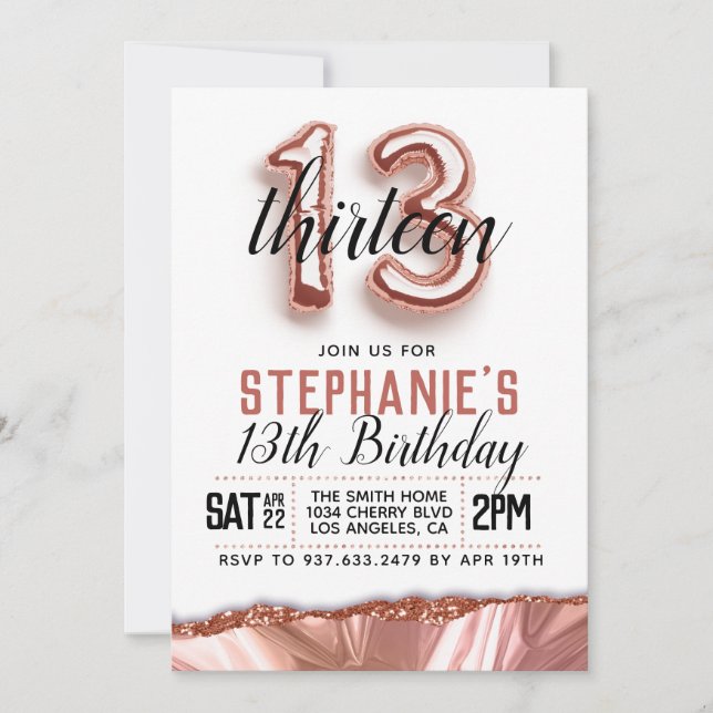 Invitation d'anniversaire du 13e Rose (Devant)