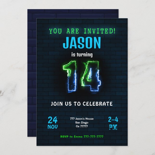 Invitation d'anniversaire du 14e garçon (Devant / Derrière)