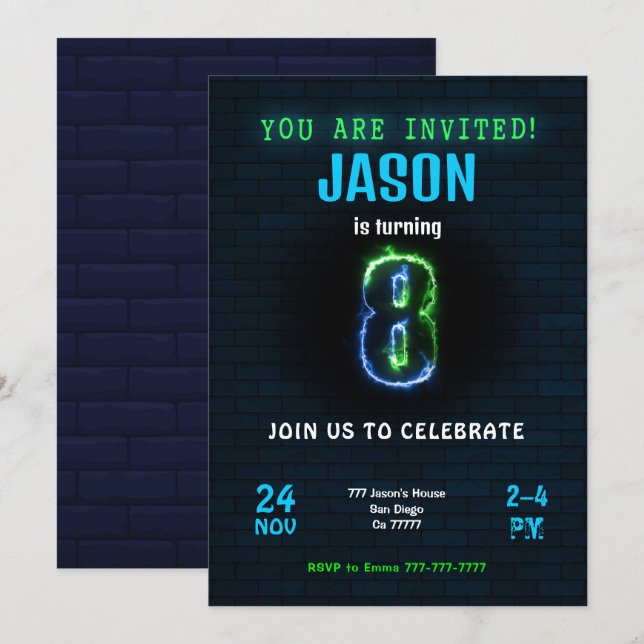 Invitation d'anniversaire du 8e garçon (Devant / Derrière)
