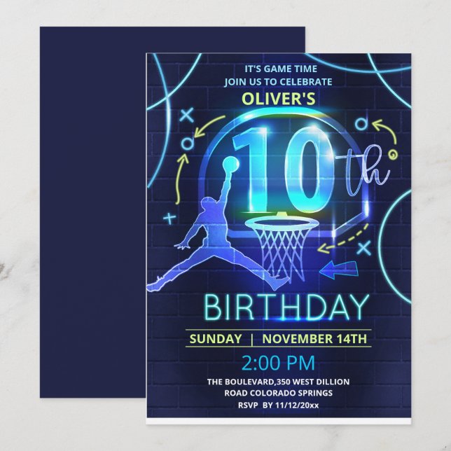 Invitation d'anniversaire du basket-ball de néon (Devant / Derrière)