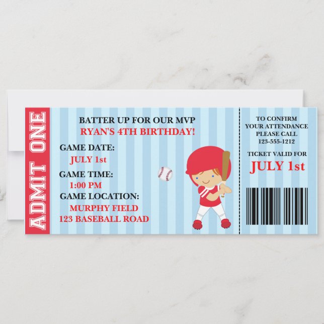 Invitation d'anniversaire du billet de base-ball p (Devant)
