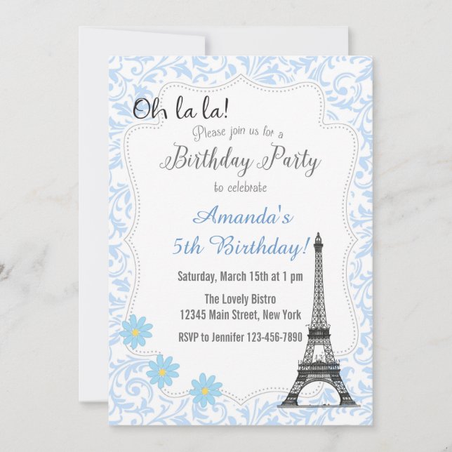 Invitation d'anniversaire du Blue Paris Romantic (Devant)