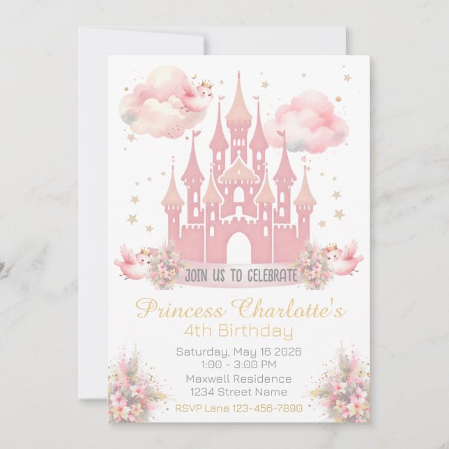 Invitation d'anniversaire du château de princesse  (Devant)