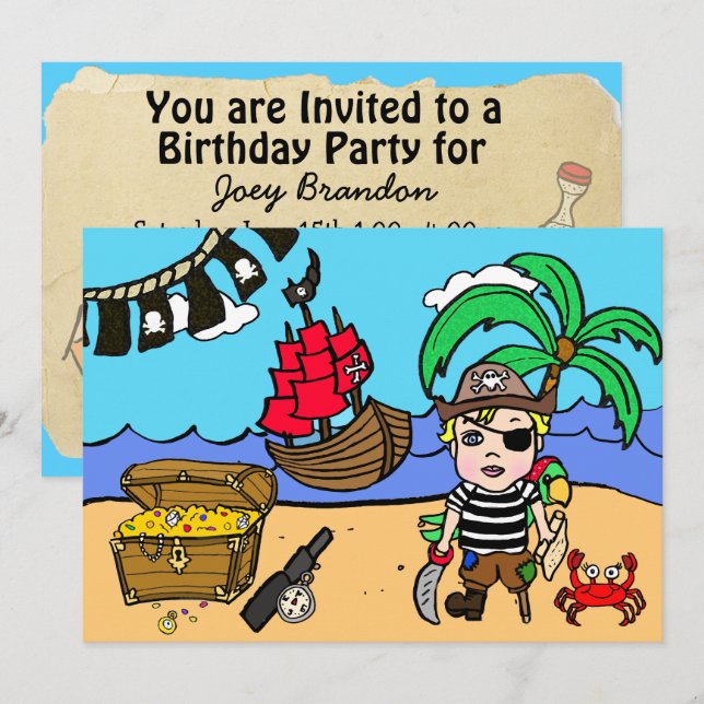 Invitation d'anniversaire du garçon à thème Pirate (Devant / Derrière)