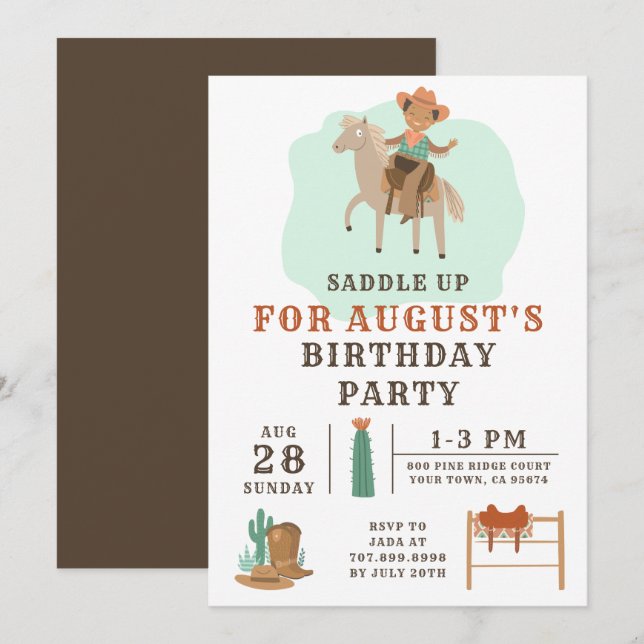 Invitation d'anniversaire du garçon Wild West Cowb (Devant / Derrière)