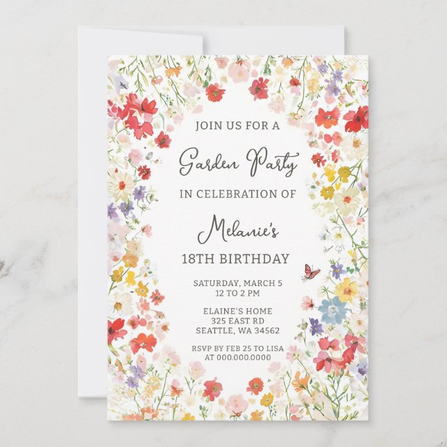 Invitation d'anniversaire du jardin de fleurs sauv (Devant)