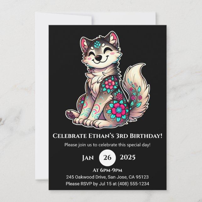 Invitation d'anniversaire du loup floral souriant (Devant)