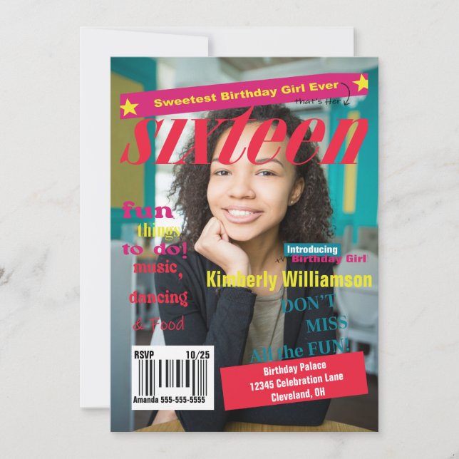 Invitation d'anniversaire du magazine Sweet 16 (Devant)