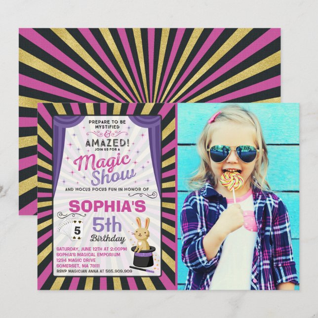 Invitation d'anniversaire du magicien Spectacle ma (Devant / Derrière)