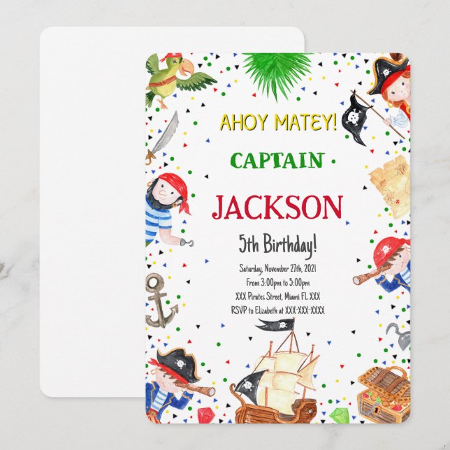 Invitation d'anniversaire du pirate (Devant / Derrière)
