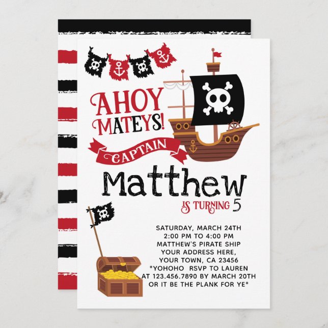 Invitation d'anniversaire du pirate (Devant / Derrière)