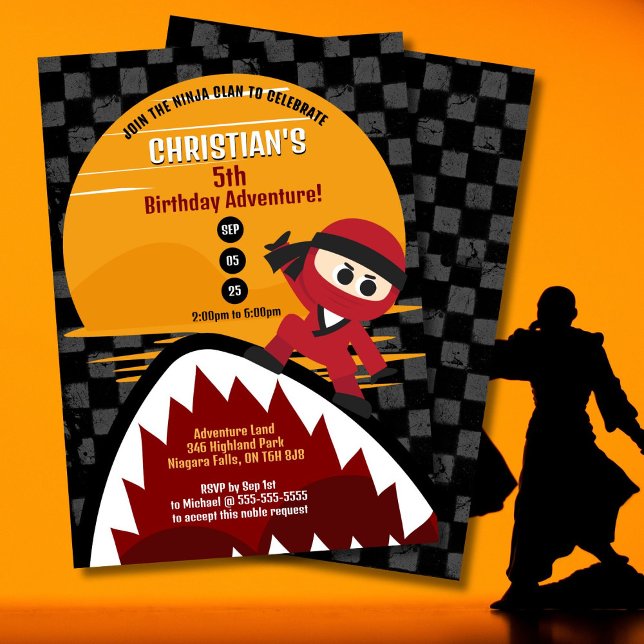 Invitation d'anniversaire du requin rouge Ninja Ta (Ninjas and sharks are all you need for an adventure filled birthday celebration!)