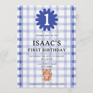 Invitation d'anniversaire du tigre à carreaux bleu