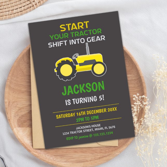Invitation d'anniversaire du tracteur jaune et noi (Yellow Black Tractor Birthday Invitations)