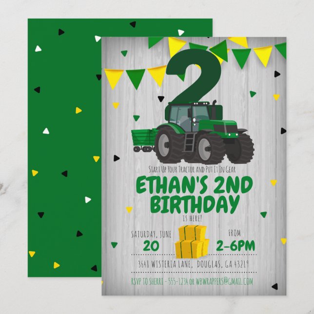 Invitation d'anniversaire du tracteur pour n'impor (Devant / Derrière)