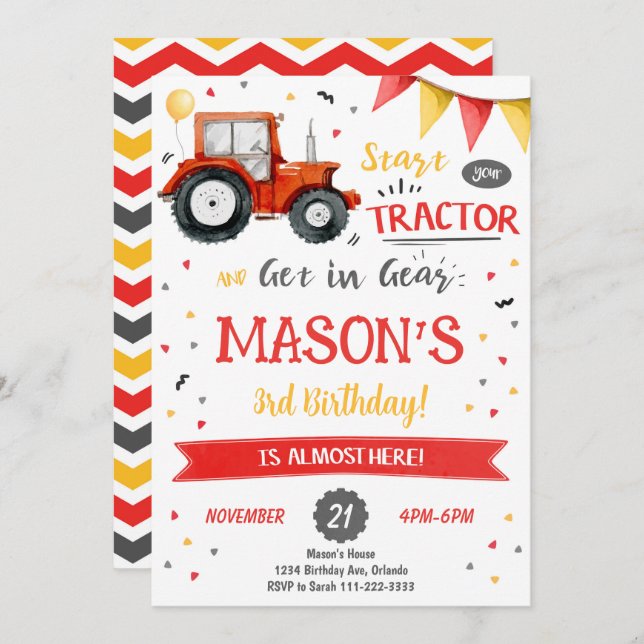 Invitation d'anniversaire du tracteur rouge (Devant / Derrière)