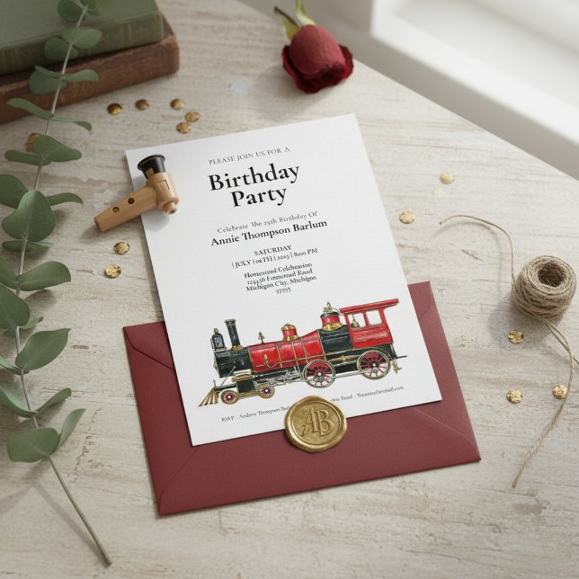 Invitation d'anniversaire du train rouge vintage (Vintage Red Train Birthday Invitation)