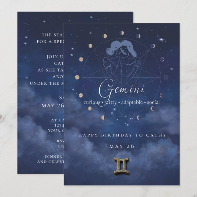 Invitation d'anniversaire du zodiaque Gémeaux (Devant / Derrière)