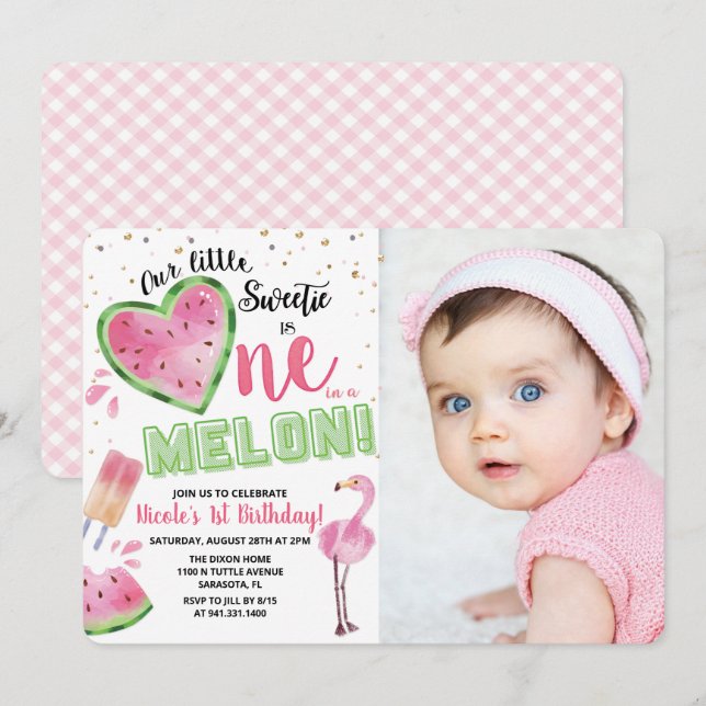 Invitation d'anniversaire d'un an de pastèque Une  (Devant / Derrière)