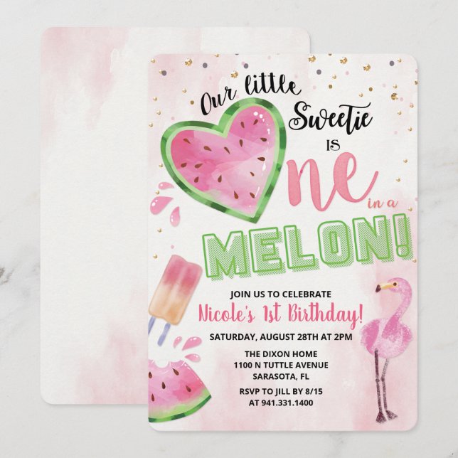 Invitation d'anniversaire d'un an de pastèque Une  (Devant / Derrière)