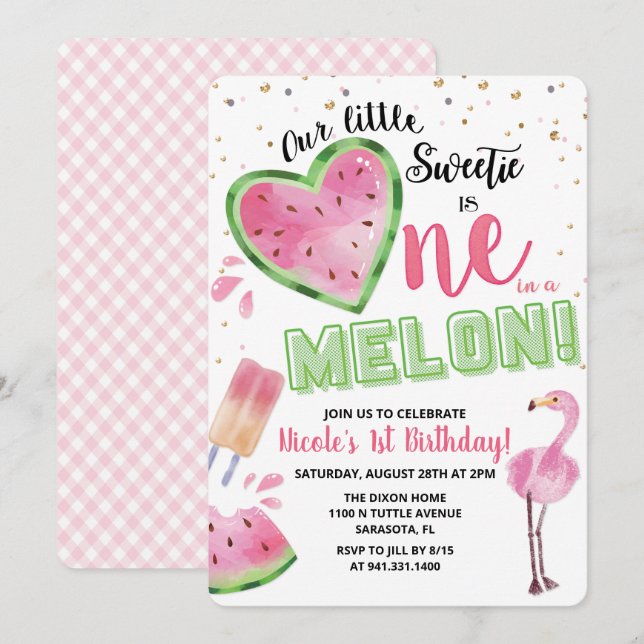 Invitation d'anniversaire d'un an de pastèque Une  (Devant / Derrière)