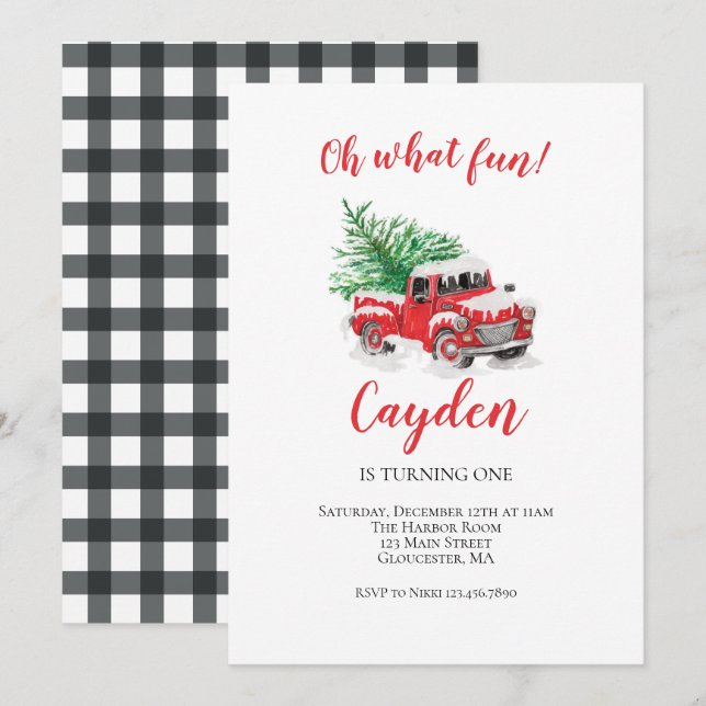 Invitation d'anniversaire d'un an pour camion roug (Devant / Derrière)
