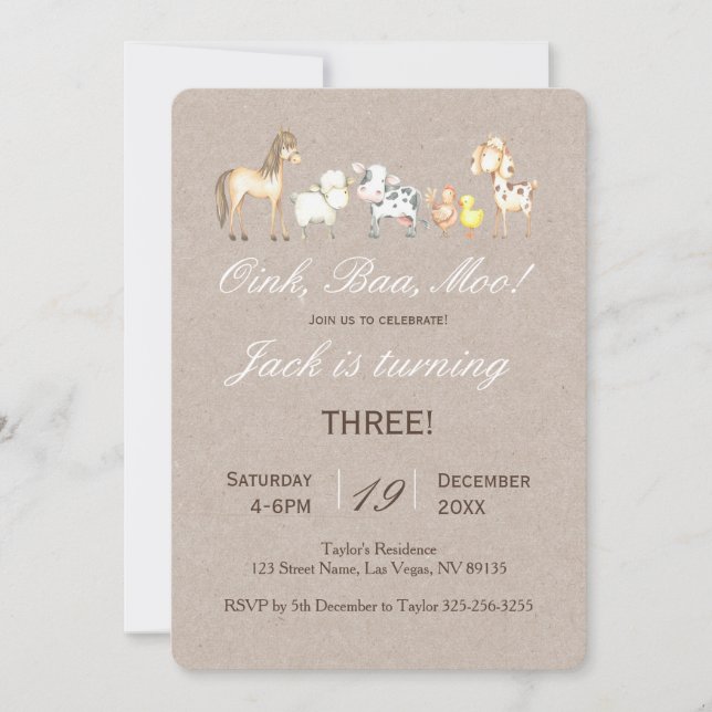 Invitation d'anniversaire d'un animal de ferme (Devant)
