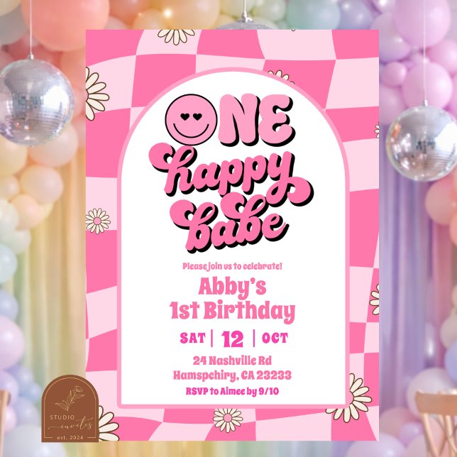 Invitation d'anniversaire d'un bébé heureux rose v (Créateur téléchargé)