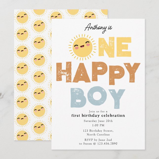 Invitation d'anniversaire d'un garçon heureux 1er  (Devant / Derrière)