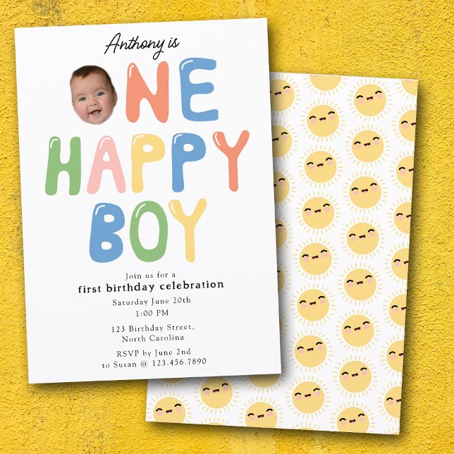 Invitation d'anniversaire d'un garçon heureux 1er  (One Happy Boy Birthday Invite 1st Birthday Photo)